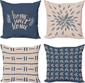 Ambesonne Modern Throw Pillow Cushion Case Pack of 4, Scandinavian Minimal Ornaments Boho Feather Leaves and Home Phrase, Modern Accent Double-Sided Digital Printing, 16", Pale Tan and Slate Blue