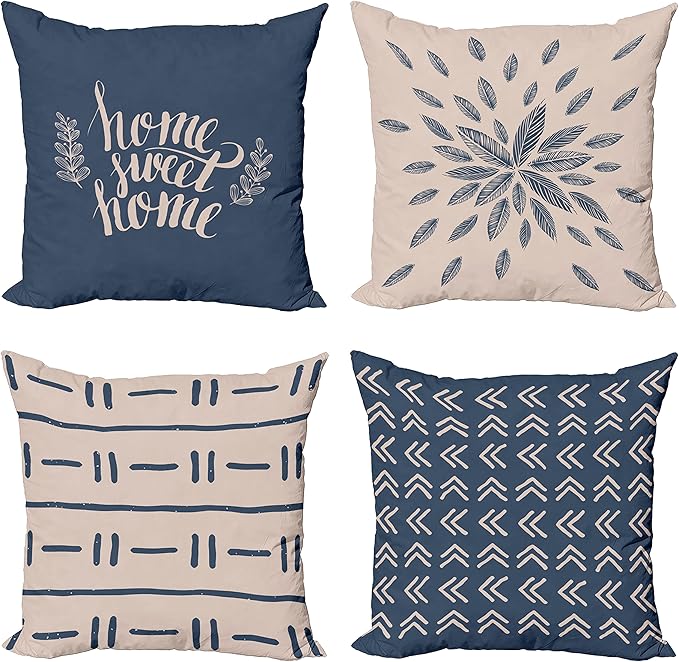 Ambesonne Modern Throw Pillow Cushion Case Pack of 4, Scandinavian Minimal Ornaments Boho Feather Leaves and Home Phrase, Modern Accent Double-Sided Digital Printing, 24", Pale Tan and Slate Blue