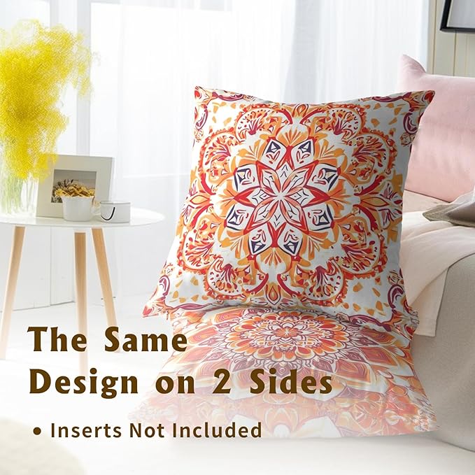 Boho Throw Pillow Covers 18x18 - Orange Floral Pillow Covers Set of 2 Bohemian Pillowcase Botanical Flowers Blossom Cushion Case for Sofa Bed Couch Home