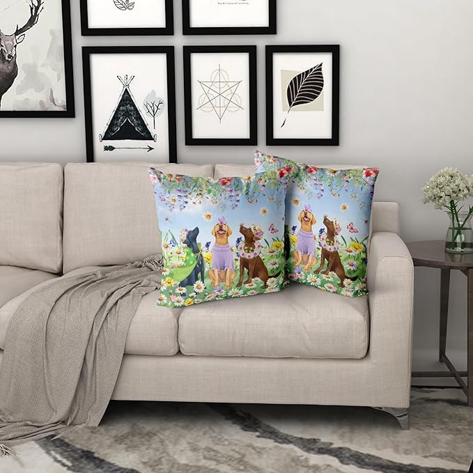 Giwawa 2PCs Spring Dogs Throw Pillow Covers, 20"x20" Colorful Wildflowers Funny Puppy Decorative Square Pillow Cases, Watercolor Floral Animal Cotton Cushion Covers Sofa Porch Bedding Decor