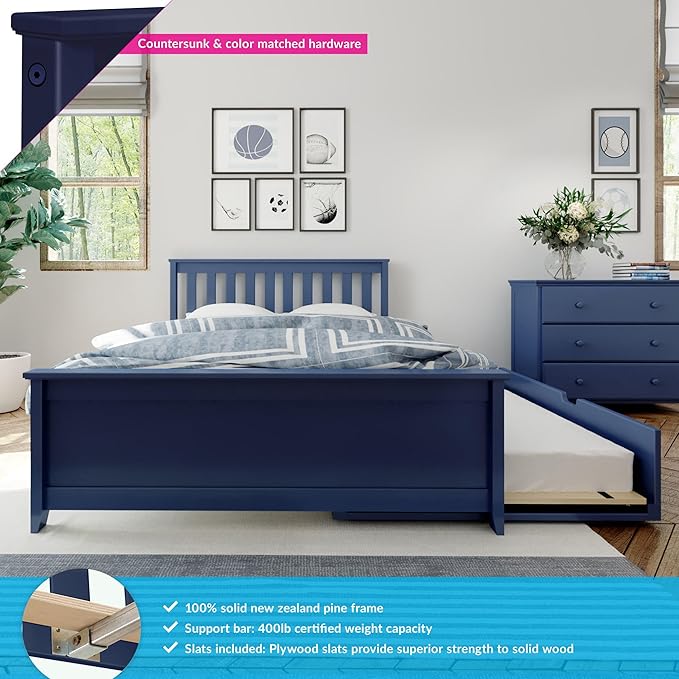 Max & Lily Full Bed, Wood Bed Frame with Headboard For Kids with Trundle, Slatted, Blue