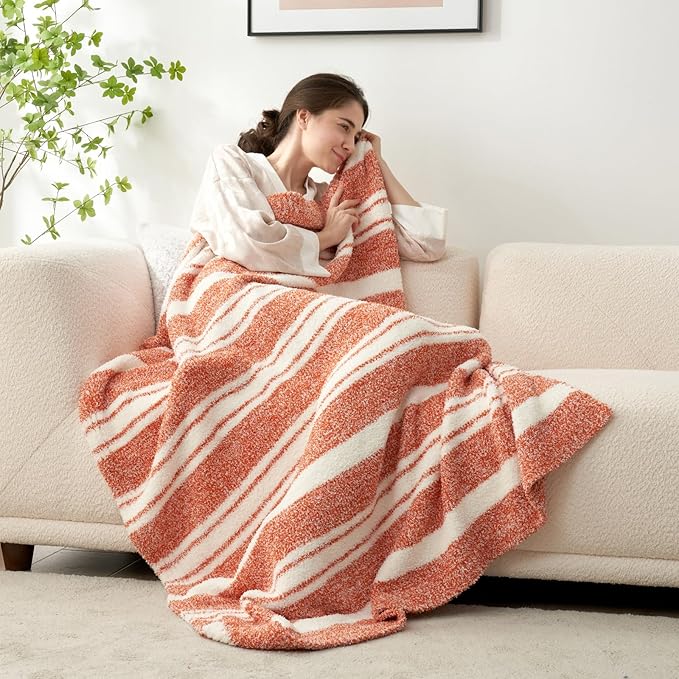 Snuggle Sac Orange Fall Throw Blanket for Couch, Reversible Super Soft Blankets Warm Cozy Knit Fuzzy Plush Blankets for Sofa,Living Room, Stripe Orange,50x60 inches