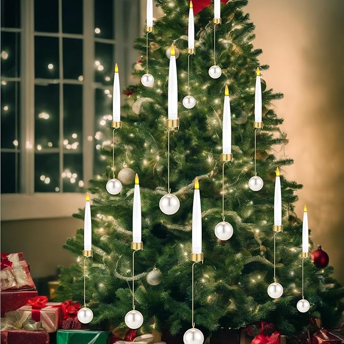 Baquler 24 Pcs Christmas Tree Candles with Remote, Flameless LED Candlesticks Flickering Candles with Pearl Ball Hooks for Xmas Home Wedding Winter New Year Hanging Ornaments Party Supplies