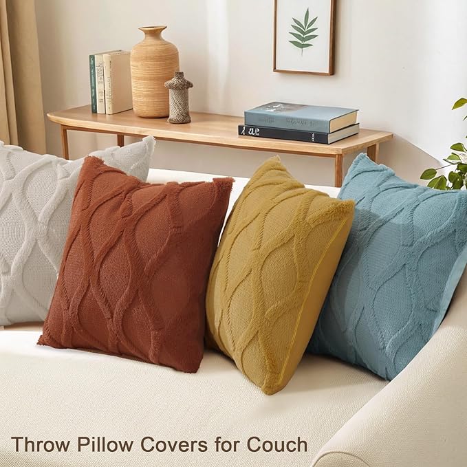 decorUhome Set of 4 Throw Pillow Covers 18x18 Inch, Neutral Decorative Soft Plush Faux Wool Couch Pillow Covers, Farmhouse Pillow Cases for Living Room Bed Sofa (Beige/Rust)