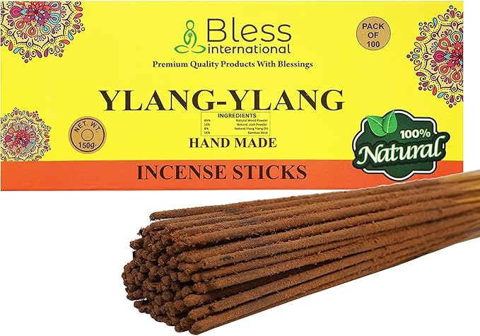 Bless-YLANG-YLANG 100%-Natural-Handmade-Hand-Dipped-Incense-Sticks Organic-Chemicals-Charcoal-Free Purification-Relaxation-Positivity-Yoga-Meditation Best-Woods-Scent (100 Sticks(5.25 OZ))
