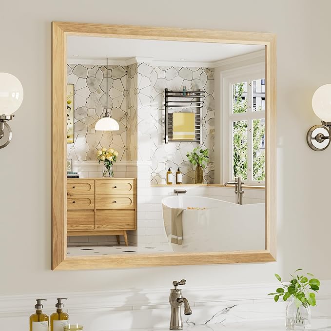 36x36 Inch Bathroom Mirror for Wall, Anti-Rust Oak Wood Grain Metal Framed Bathroom Mirrors for Over Sink,Rectangler Mirrors for Bathroom Vanity, Farmhouse, Bedroom, Living Room, Entryway Decor
