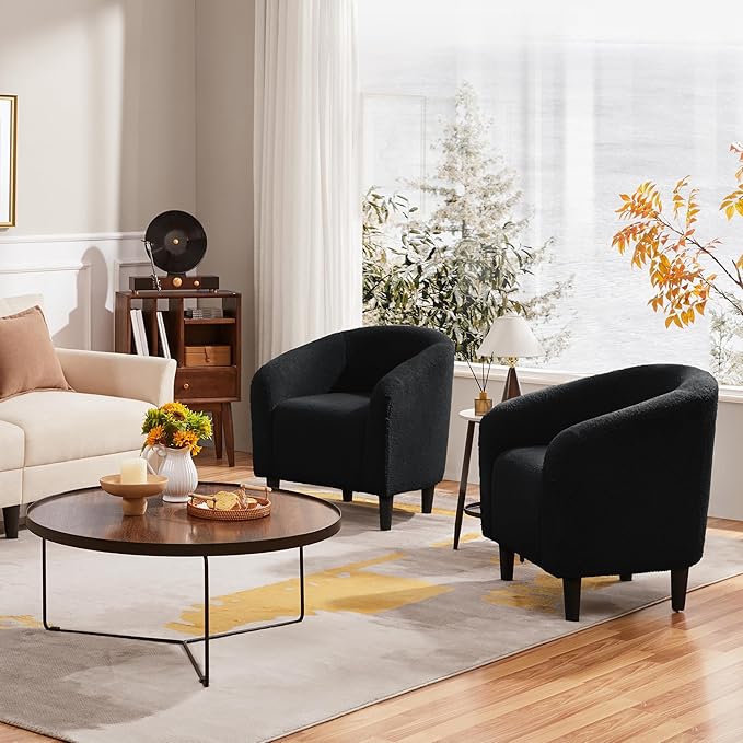 Yaheetech Armchair Set of 2, Boucle Fabric Club Chair, Furry Sherpa Elegant Siting Chair with Cozy Soft Padded for Living Room Bedroom Reception Room Office, Black