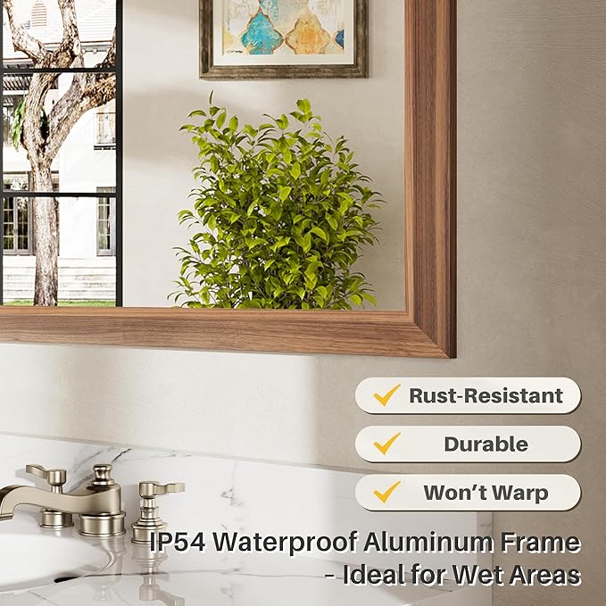 60x36 Inch Bathroom Mirror for Wall, Anti-Rust Walnut Wood Grain Metal Framed Bathroom Mirrors for Over Sink,Rectangler Mirrors for Bathroom Vanity, Farmhouse, Bedroom, Living Room, Entryway Decor