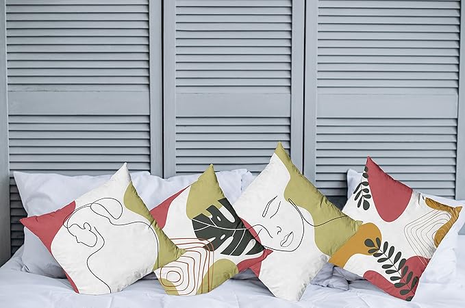Ambesonne Minimal Throw Pillow Cushion Case Pack of 4, Modern Line Art Woman Portrait Contemporary Leafy Geometric Details, Modern Accent Double-Sided Digital Printing, 24", Olive Green and Dark Coral