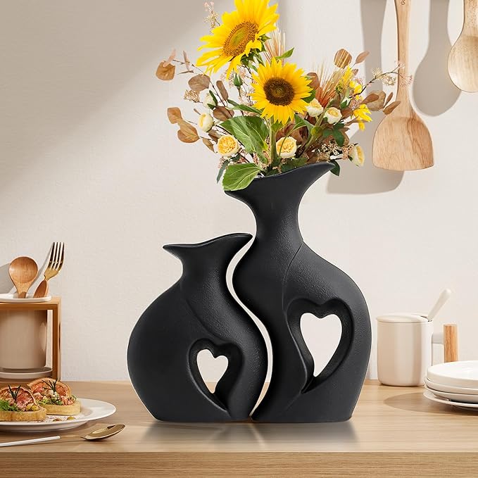 XL Black Snuggle Hollow Ceramic Vase Set of 2,Minimalist Decorative Modern Vases,Heart Shaped Flower Vase for Home Decor (XL Black W 9.7" X H 10.1")