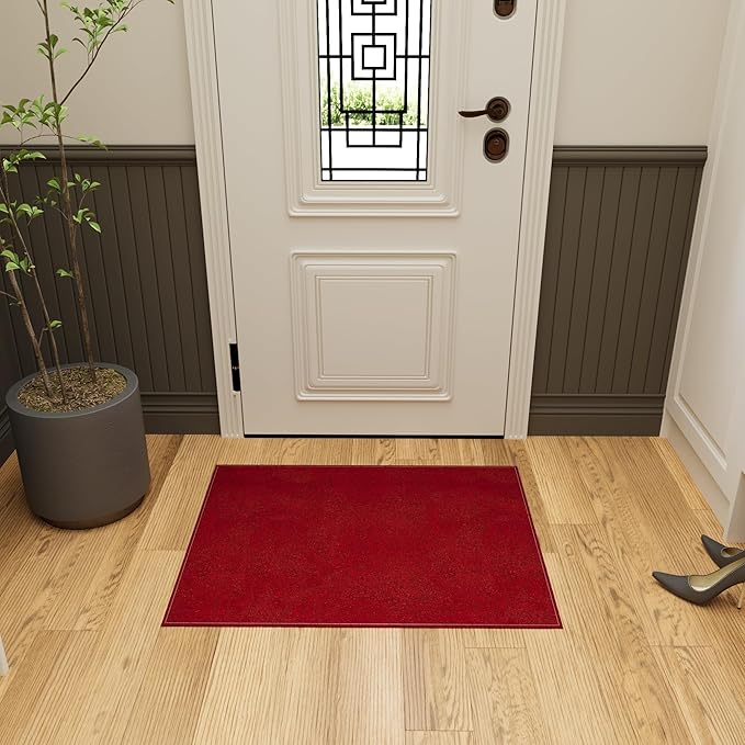 Ottomanson 2' x 4' Ultra-Thin Entryway Rug - Durable Non-Slip Mat for High-Traffic Areas - Fits Under Doors for Easy Entry - Ideal for Front Door, Hallway, Kitchen, Bathroom & Mudroom, Red
