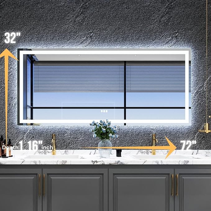LED Bathroom Mirror 72"x 32",Front Lit and Backlit Bathroom Mirror with Lights,Stepless Dimmable,Anti-Fog, Shatter-Proof, Memory, 3 Colors Lighted Vanity Mirror (Horizontal/Vertical)