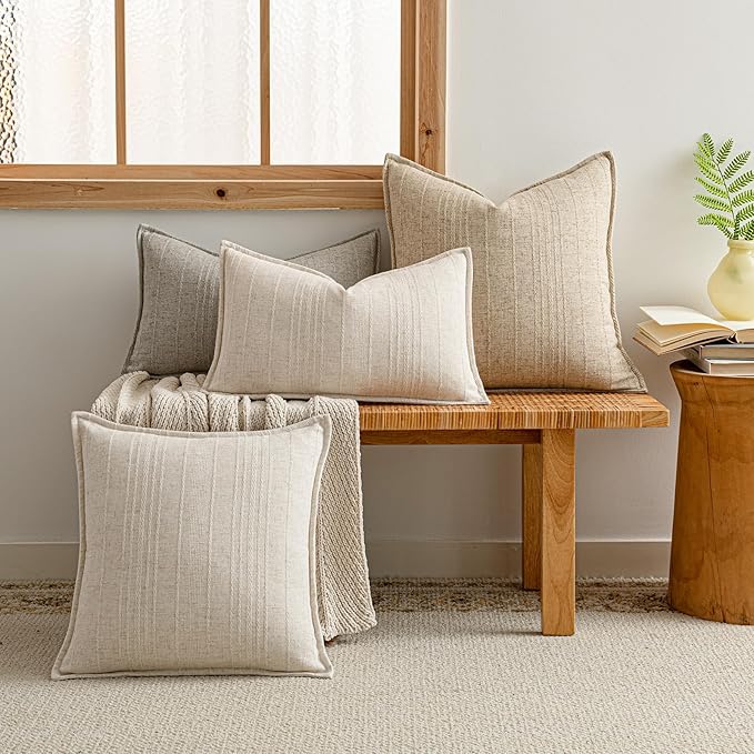 a moment Linen Pillow Covers Set of 2,Boho Farmhouse Throw Pillowcases Neutral Textured Decorative Covers for Couch Sofa Bed, Soft Linen Blend Accent Case Cushion Living Room Home Decor 20"x12"Ivory