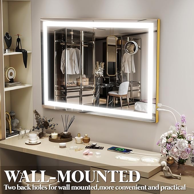 FENNIO Vanity Mirror with Lights 32"x22", Lighted Makeup Mirror, Large Vanity Mirror, Touch Sensor with 3-Color Lighting, 10X Magnification and USB Charging Port for Vanity Desk（Square Gold）