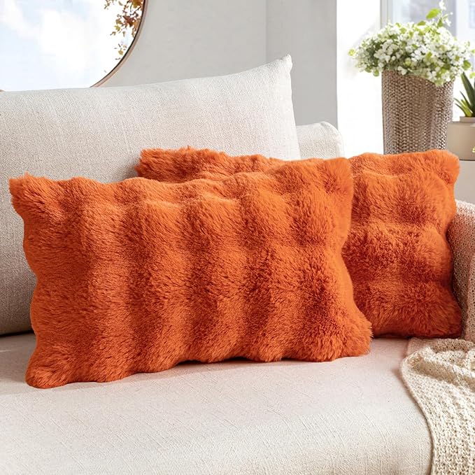 MIULEE Pack of 2 Decorative Pillow Covers Fall Thick Soft Plush Faux Fur Lumbar Throw Pillows Luxury Home Decor for Couch Bedroom Living Room Sofa,12x20 Inch Burnt Orange