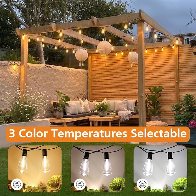 Brightever Dimmable Outdoor String Lights with Remote, 3 Colors in 1 LED Patio Light for Outside with 25+1 ST38 Edison Bulbs, 50FT 3 Modes Gazebo Lighting Waterproof for Camping, 2700K/4000K/5000K