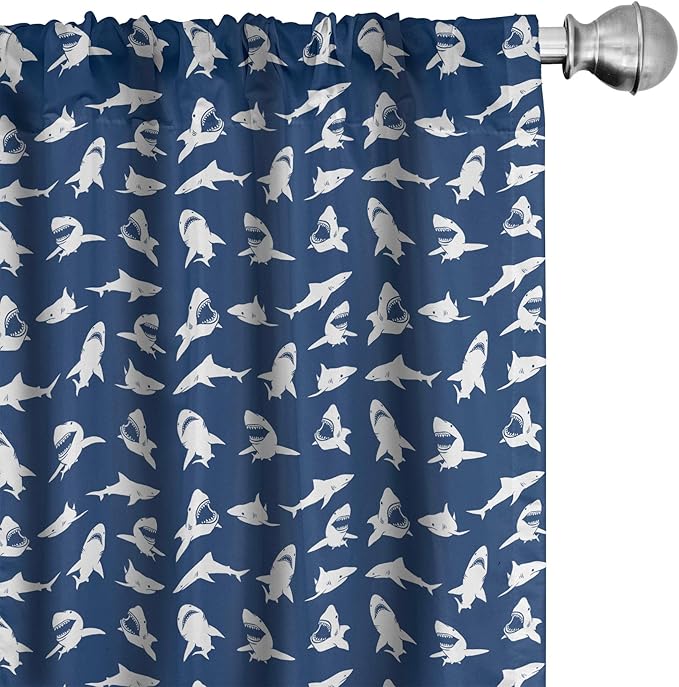 Ambesonne Shark Window Curtains Pack of 2, Fish Pattern Various Gestures Have a Bite Danger Humor Nautical Design, Lightweight Set with Rod Pocket, 4 Panels of - 28" x 95", Violet Blue