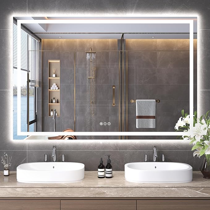 60"X40" LED Bathroom Mirror with Front Lights and Backlit, Anti-Fog, Dimmable, Shatter-Proof Tempered Glass, Lighted Bathroom Vanity Mirror for Wall with 3 Colors, Memory Function