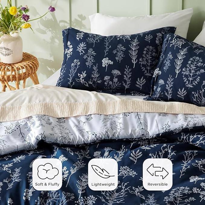 Bedsure Full Comforter Set - Navy Bed Set, 3 Pieces Cute Floral Bedding, 1 Soft Reversible Botanical Flowers Comforter and 2 Pillow Shams