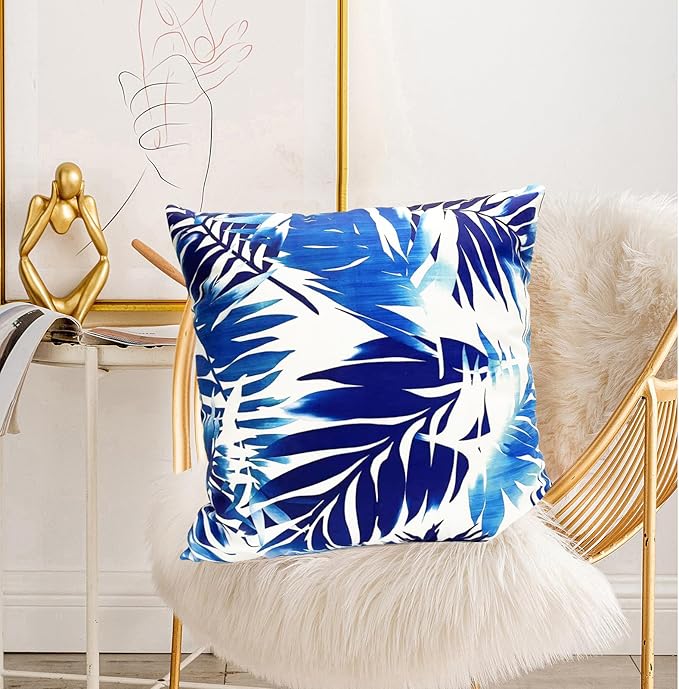 Decorative Throw Pillow Covers Set of 2 Blue Leaves of Tropical Pillow Covers 18x18 inch Soft Short Plush Square Throw Pillows,Farmhouse Outdoor Pillow Covers for Couch Sofa Living Room