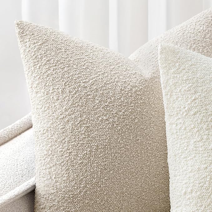 Woaboy Pack of 2 20x20 Inch Decorative Boucle Throw Pillow Covers Textured Square Pillowcaes Accent Solid Cozy Soft Cushion Covers Home Decor for Sofa Couch Living Room Home Decor,Natural Beige