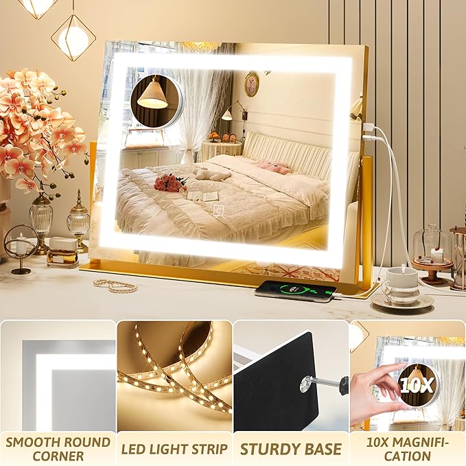 Vanity Mirror with Lights 22"x18", Lighted Makeup Mirror with 10X Magnification, Smart Touch 3 Colors Dimmable, 360° Rotation, Women Gift, Dresser Mount, Bathroom (Gold)
