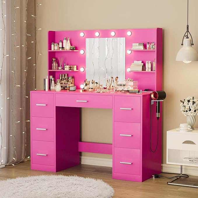 Furmax Vanity Desk with Mirror, LED Lights and Power Outlet Makeup Vanity Table with 7 Drawers and 6 Storage Shelves Dressing Table for Bedroom Dressing Room (Rose Pink)