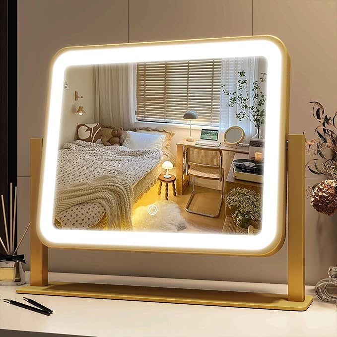 FENNIO Vanity Mirror with Lights 14x12 Inch - Makeup Mirror with Lights Tabletop, 3-Color Dimmable Lighted Mirror, Touch Control Desktop Mirror for Women (Gold)