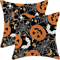 Halloween Pillow Covers 18 x 18 Inch, Burnt Orange Pumpkin Black Spider Webs Bat Decor Throw Pillows for Home Couch Bed, Fall Autumn Holiday Decorative Pillowcase Linen Cushion Cover Set of 2