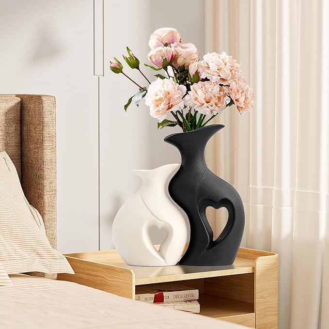 XL Black and White Vase Set of 2,Heart Shaped Ceramic Vases Home Decor,Minimalist Decorative Vases,Modern Home Decor for Wedding Dining Living Room Office Coffee Table Centerpiece