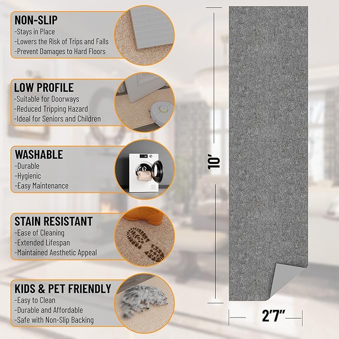 Ottomanson 2'7" x 10' Ultra-Thin Hallway Runner Rug - Durable Non-Slip Carpet for High-Traffic Areas - Fits Under Doors for Seamless Entry - Ideal for Kitchen, Entryway, Bedroom & Living Room, Gray