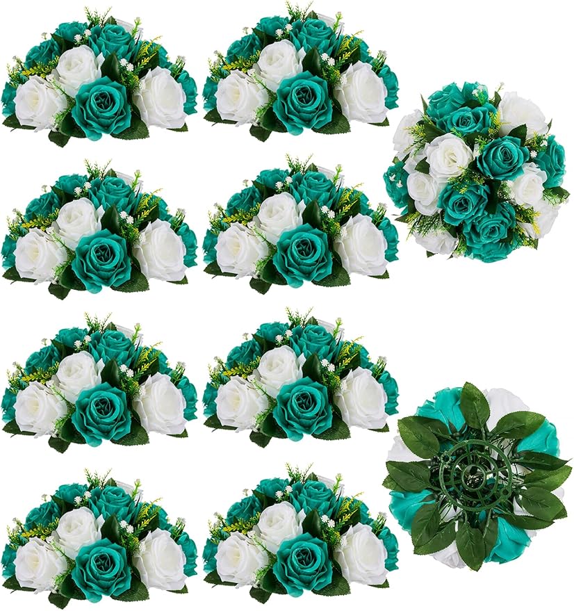 BLOSMON Flower Ball Centerpieces for Wedding: 10 Pcs Teal White Fake Roses Flowers Artificial for Table - Silk Kissing Bouquet Floral Arrangement Center for Home Party Event Decor