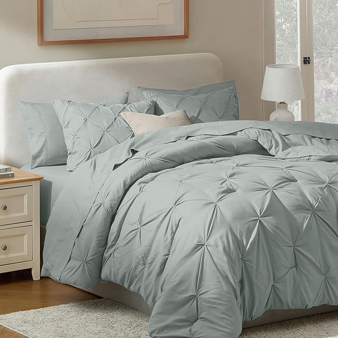 Nestl California King Comforter Set 7 Piece - Pintuck Cal King Comforter Set Sage Green, California King Bed in a Bag, All Season Bed Set with Flat Sheet and Fitted Sheet, Pillowcases and Shams
