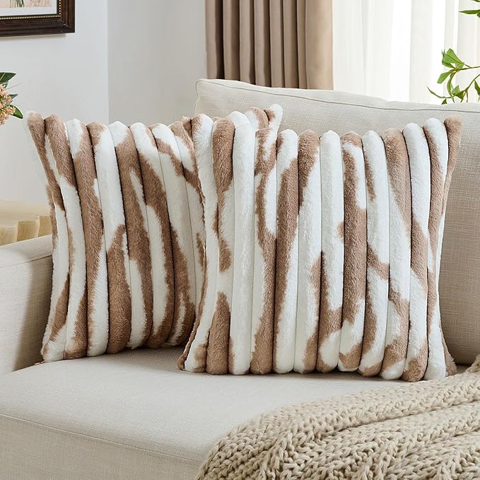 FUTEI Brown Decorative Throw Pillow Covers 24x24 Inch Set of 2, Soft Tie-Dye Faux Rabbit Fur Striped Texture European Cushion Case, Modern Home Decor for Couch Bed Living Room