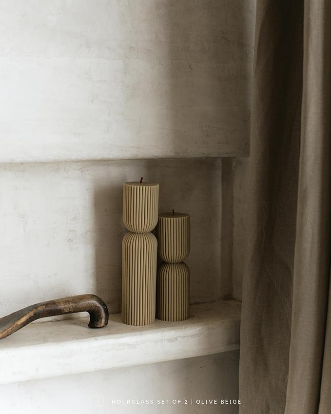 LAWA Hourglass Pillar Candle - Large Beautiful Handmade Pillar Scented Soy Wax Candle Elegant Bubble Aesthetic Candle Housewarming Gift Home Room Shelf Decor Idea Olive Beige (Set of 2)