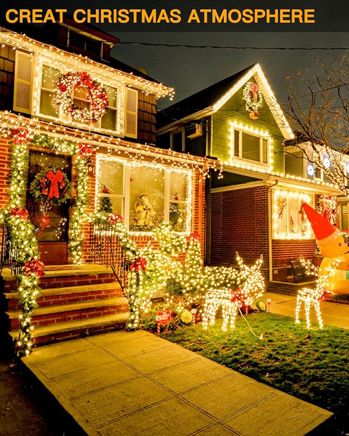 Ollny Christmas Lights Warm White, 600LED 197FT Christmas Tree Lights IP67 Waterproof, Plug in Fairy Lights with Remote 8 Modes Timer, Xmas Light for Outdoor Indoor House Holiday Decor