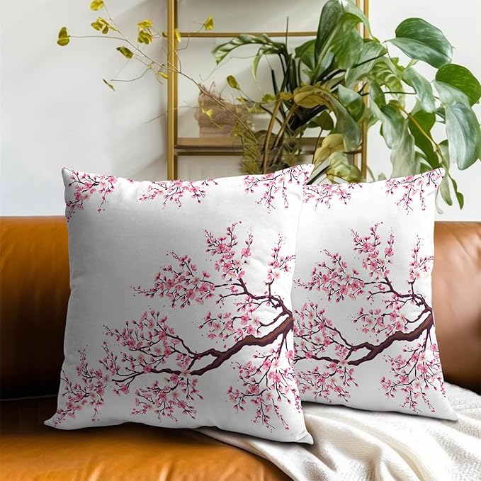 Cherry Blossom Throw Pillow Cover - Japanese Decorative Pillowcases 20x20 Inch Set of 2 Pink Flower Pillow Cases with Hidden Zipper Home Cushion Decorative