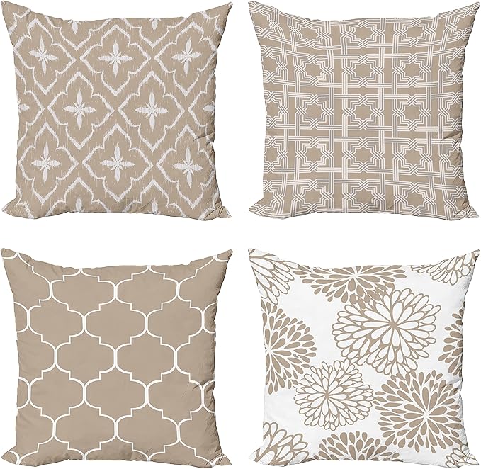 Ambesonne Vintage Throw Pillow Cushion Case Pack of 4, Monochrome Design Grid Trellis Quatrefoil Mesh and Dahlia Flowers Modern Print, Modern Accent Double-Sided Digital Printing, 24", Tan and White