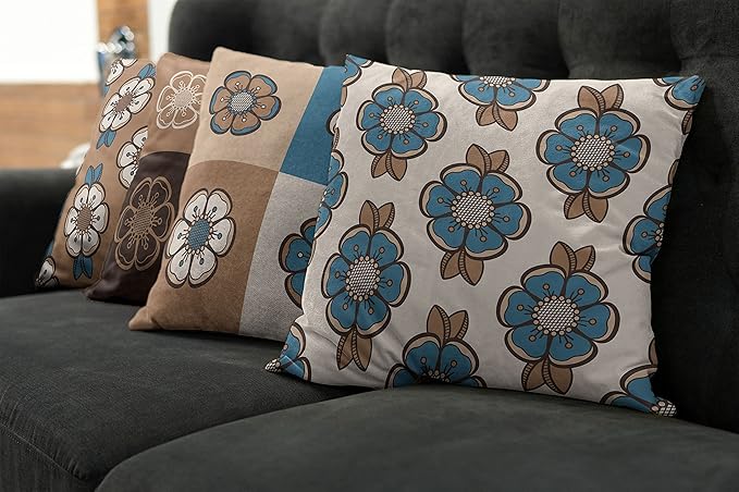 Ambesonne Retro Throw Pillow Cushion Case Pack of 4, Nostalgic Flower Petals Spring Vibes on Earthy Colors Mosaic Tile Themed, Modern Accent Double-Sided Digital Printing, 20", Sea Blue Umber and Tan