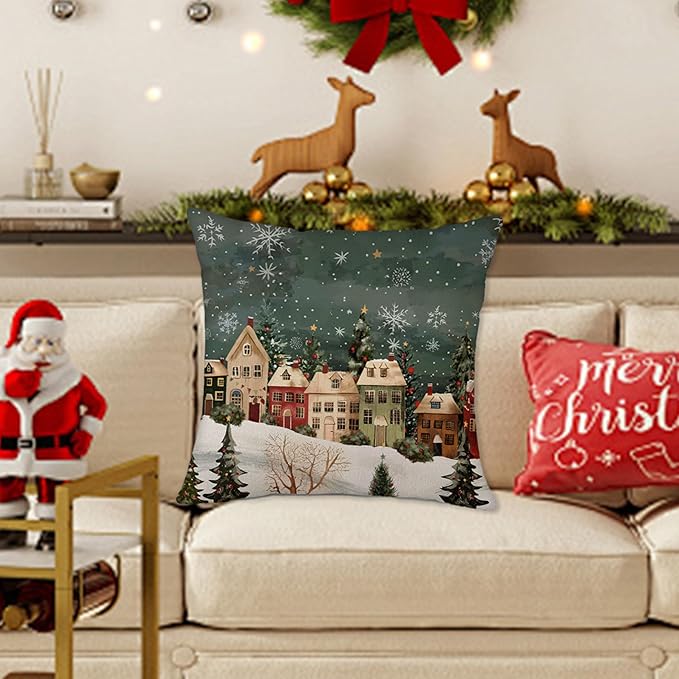 Winter Decorative Rectangle Pillow Cover 18 x 18, Wonderland Forest House Snowflake Vintage Porch Outdoor Pillowcase, Christmas Holiday Seasonal Farmhouse Cushion Case Home Decor