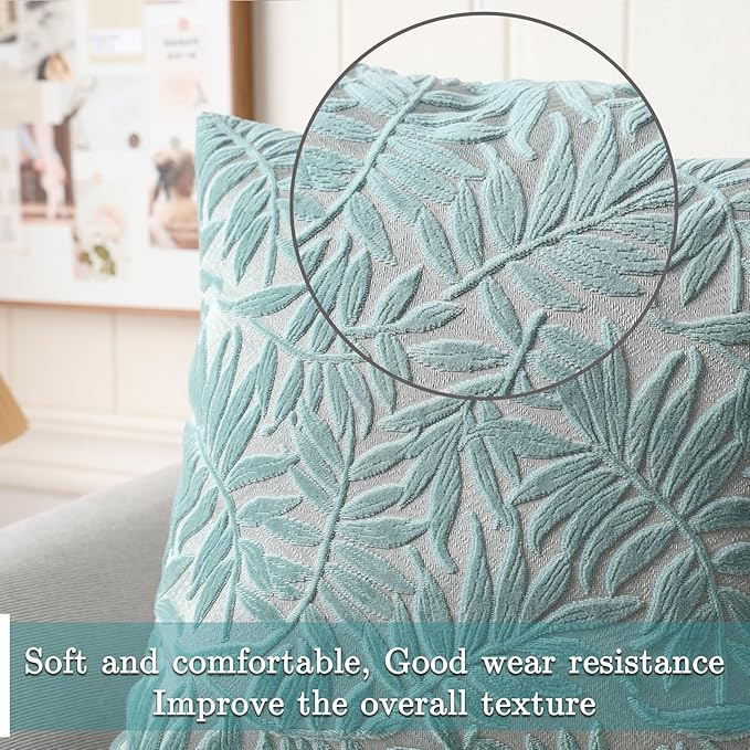 HPUK Leaf Cut Velvet Throw Pillow Covers Pack of 2, 18x18 Inch Accent Cushion Covers for Living Room, Bedroom, Decorative Pillow Covers for Couch, Sofa, Chair, Mint