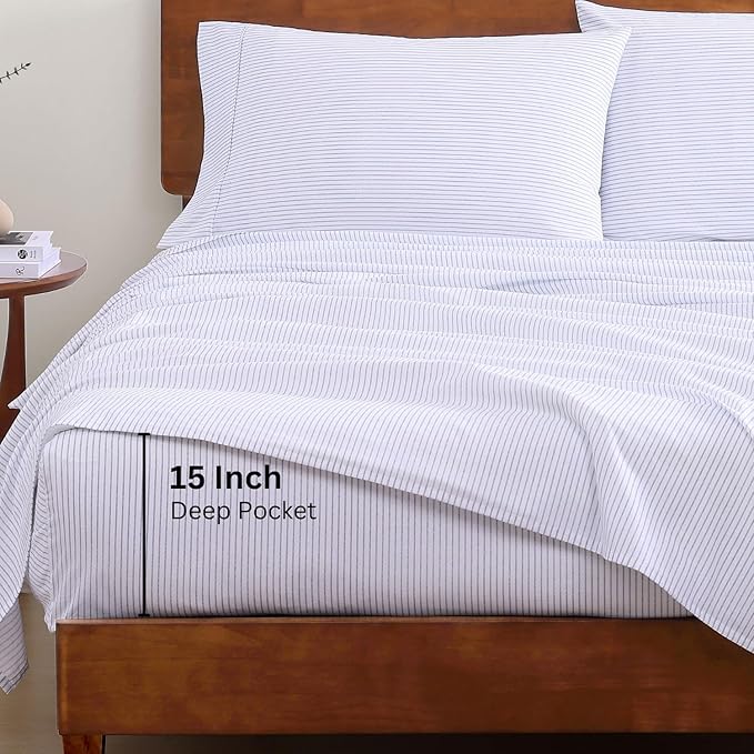 LANE LINEN 100% Organic Cotton Printed California King Sheets Set, 4-Piece All Season Fully Elasticized Deep Pocket Fits Mattress Upto 15", Mercerized Printed Cal King Sheet Set -Ticking Stripe Blue