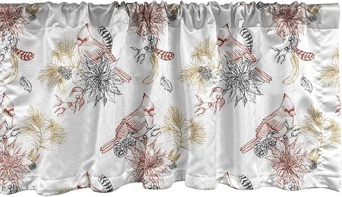 Lunarable Cardinal Bird Window Valance Pack of 2, Creative Vintage Pattern with Leaves Plants Pine Cones, Rod Pocket Curtain Valances for Kitchen Bedroom, 54" X 18", Vermilion Black
