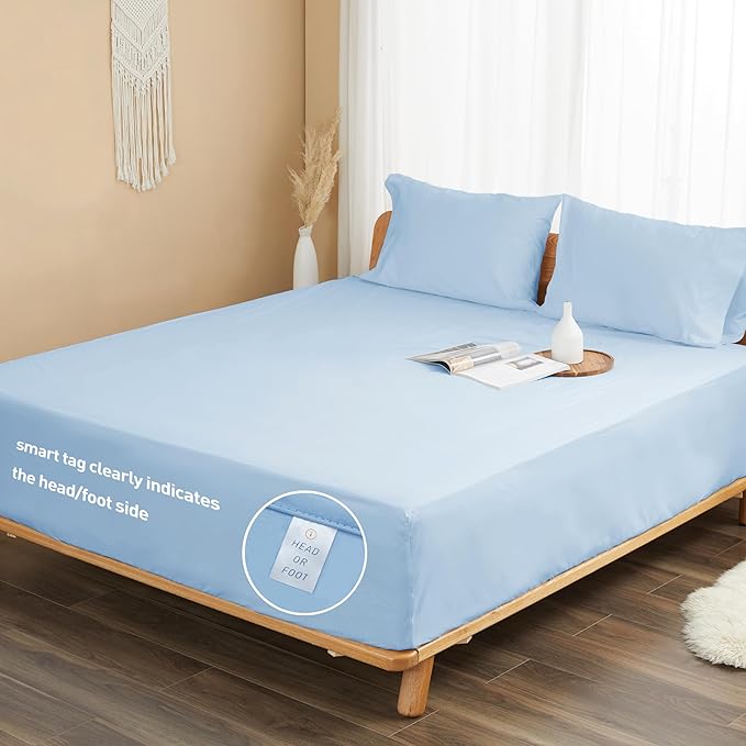 Sunflower Full Fitted Sheet, 1-Piece Extra Deep Pocket Fitted Bottom Sheet 22", 100% Cotton Sateen Soft Breathable, Powder Blue