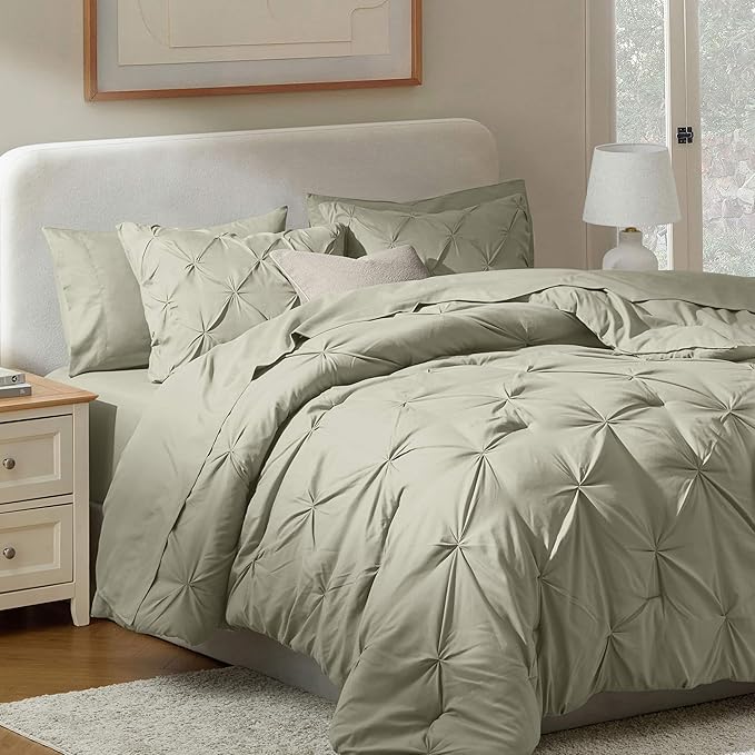 Nestl California King Comforter Set 7 Piece - Pintuck Cal King Comforter Set Light Sage, California King Bed in a Bag, All Season Bed Set with Flat Sheet and Fitted Sheet, Pillowcases and Shams