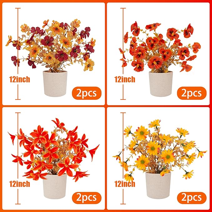 Fake Potted Plants 8pcs, Artificial Fall Flowers with Vase, Autumn Harvest Decoration for Home Indoor Outdoor, Table Plants Farmhouse Decor for Kitchen, Bedroom, Living Room, Bathroom