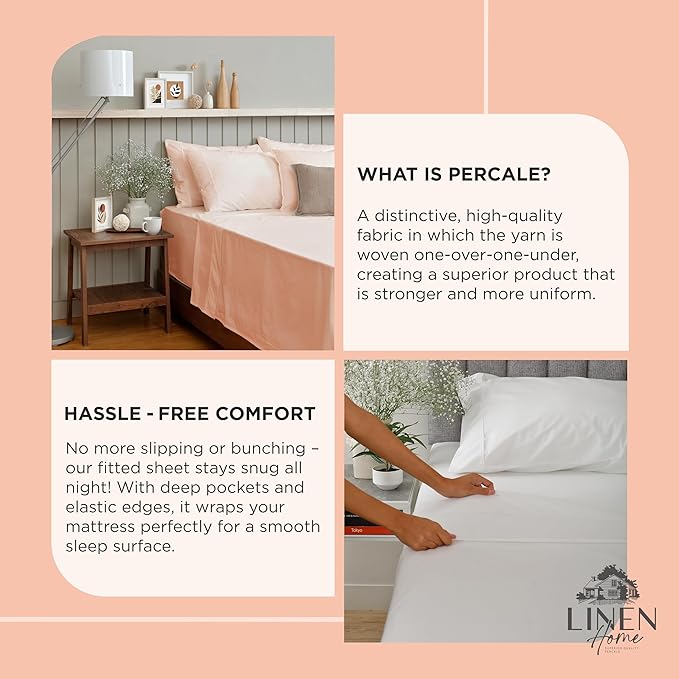 Linen Home 100% Cotton Percale Weave Fitted Sheet, Twin XL Size, Tropical Peach, 1 Deep Pocket Fitted Sheet, Fits Mattress Upto 16" Crisp and Cool Strong Bed Linen, 39"X80"+15"