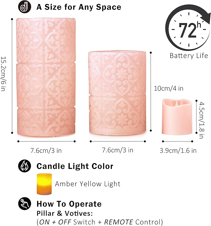 FURORA LIGHTING Pink Rome Real Wax LED Candles with Remote and Timer, 4 Pillar and 4 Votives Pack of 8, Flameless Flickering Candles for Home Décor, Battery Included