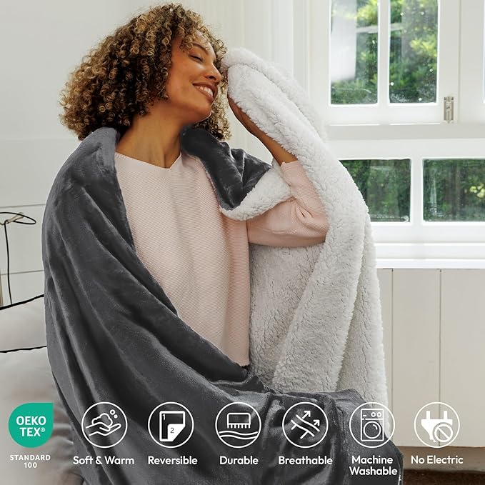 NANPIPER Sherpa Blanket for Couch, Warm and Lightweight Throw, Soft Fuzzy Plush Fleece for Winter, Castlerock Grey 50x60 Inches