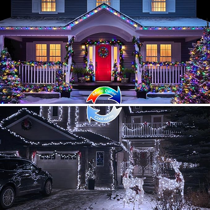 (Cool White ⇋ Multicolor) Solar Christmas String Lights Outdoor, 2-Pack 80FT 200 LED Waterproof Silver Wire, Solar Twinkle Lights with 8 Modes Solar Fairy Light for Tree Garden Wedding Christmas Decor